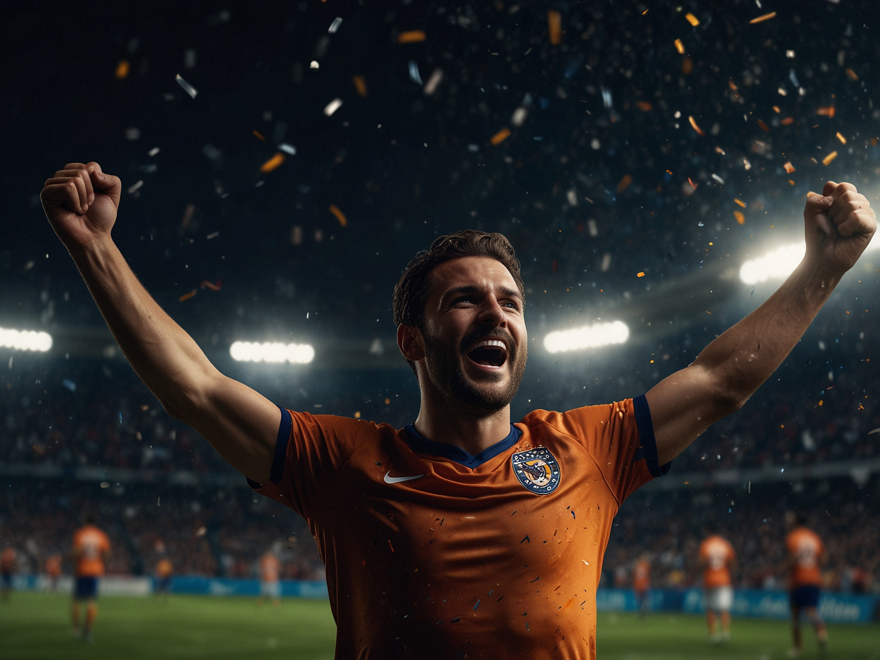 A jubilant football player celebrating a goal under stadium lights